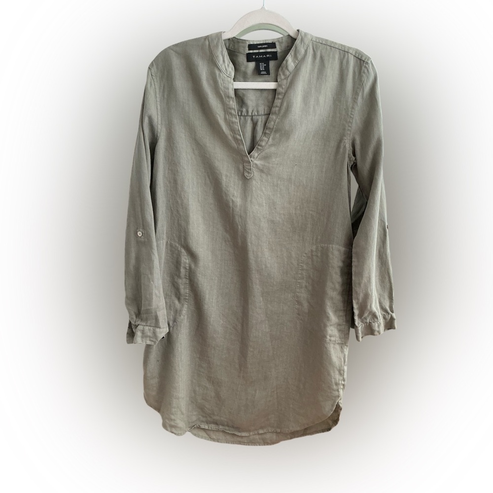 Tahari Linen Dress Olive Green Tab Sleeves XS